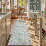 Covaba maximalism vintage french floral runner rug in sage mist, styled in a room setting, view 2