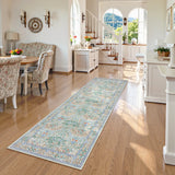 Covaba maximalism vintage french floral runner rug in sage mist, styled in a room setting