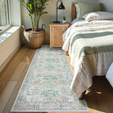 Covaba maximalism vintage french floral runner rug in sage mist, styled in a room setting, view 3