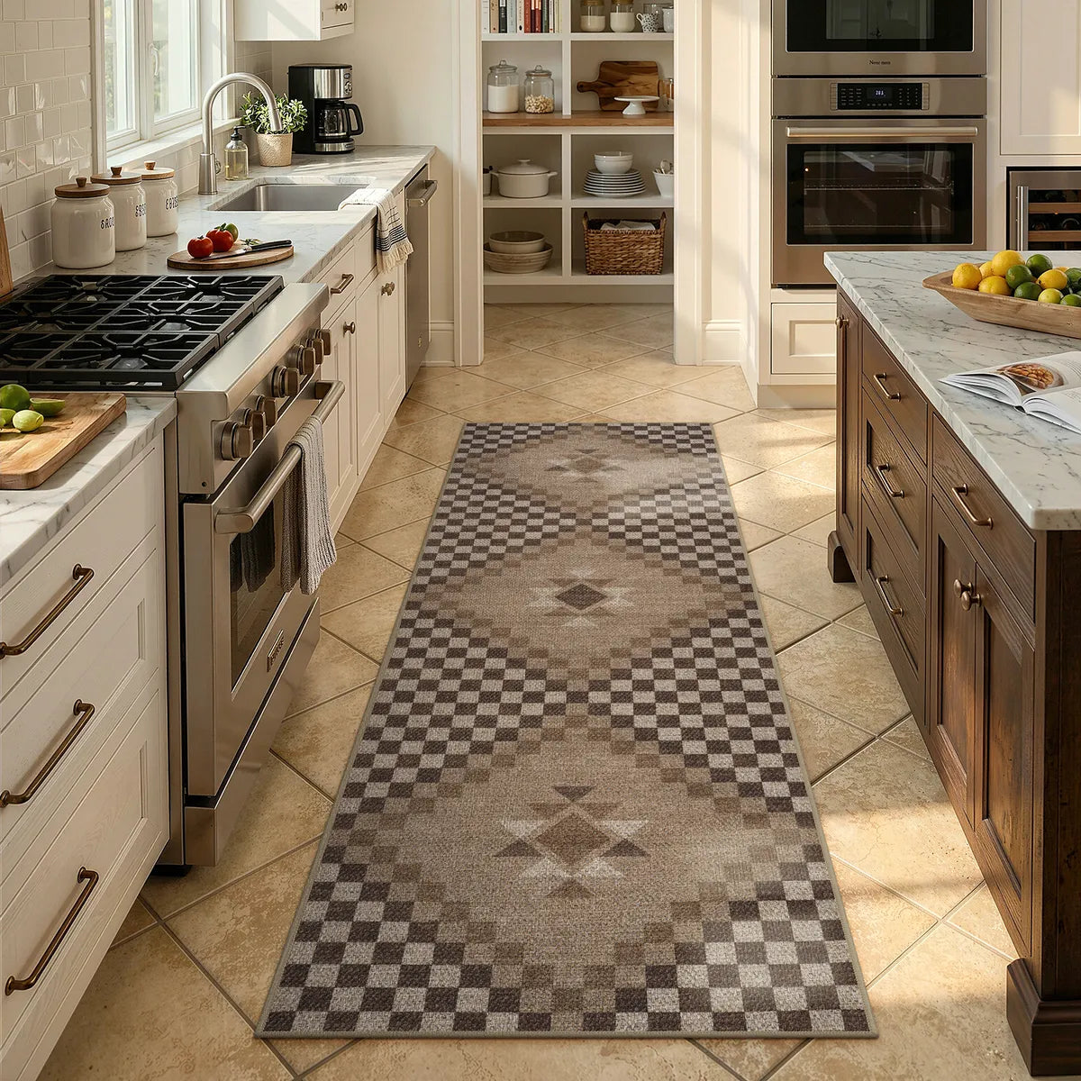 Covaba tribal soft easy jute tan indoor/outdoor runner rug in multicolor, styled in a room setting