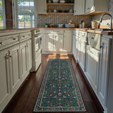 Covaba vintage floral bird royal runner rug in stormy blue, styled in a room setting, view 2