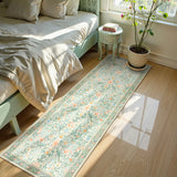 Covaba vintage floral bird runner rug in willow sage, styled in a room setting, view 4