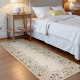 Covaba modern blooming floral garden runner rug in warm beige, styled in a room setting, view 2