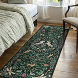 Covaba fantasy garden and unicorn runner rug in forest fern, styled in a room setting