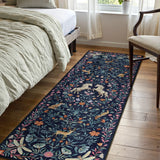 Covaba fantasy garden and unicorn runner rug in deep navy, styled in a room setting
