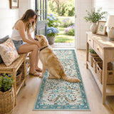 Covaba botanical bird garden chenille runner rug in warm beige, styled in a room setting, view 3