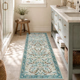 Covaba botanical bird garden chenille runner rug in warm beige, styled in a room setting, view 4