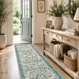 Covaba botanical bird garden chenille runner rug in warm beige, styled in a room setting