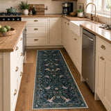 Covaba botanical bird garden chenille runner rug in ink black, styled in a room setting, view 2