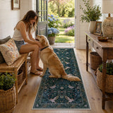 Covaba botanical bird garden chenille runner rug in ink black, styled in a room setting, view 3