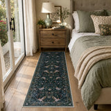Covaba botanical bird garden chenille runner rug in ink black, styled in a room setting, view 4