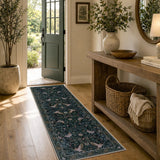 Covaba botanical bird garden chenille runner rug in ink black, styled in a room setting