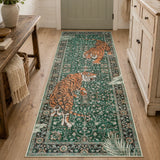 Covaba wild tiger runner rug in fern green, styled in a room setting