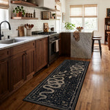 Covaba mystical snake runner rug in ink black, styled in a room setting, view 3