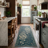Covaba mystical snake rug in stormy blue, styled in a room setting, view 8