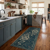 Covaba mystical snake rug in stormy blue, styled in a room setting, view 9
