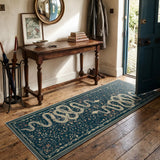 Covaba mystical snake rug in stormy blue, styled in a room setting, view 10