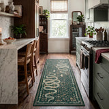 Covaba mystical snake - size deal runner rug in fern green, styled in a room setting, view 2