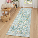Covaba boho modern parisian garden floral runner rug in stormy blue, styled in a room setting