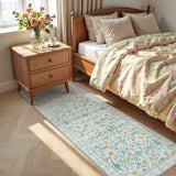 Covaba boho modern parisian garden floral runner rug in stormy blue, styled in a room setting, view 2