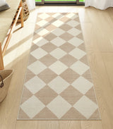 Covaba modern geometric checkered runner rug in warm beige, styled in a room setting, view 8
