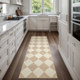 Covaba modern geometric checkered runner rug in warm beige, styled in a room setting, view 2