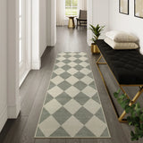 Covaba modern geometric checkered runner rug in fern green, styled in a room setting, view 3