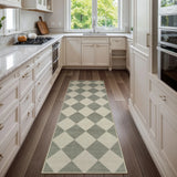 Covaba modern geometric checkered runner rug in fern green, styled in a room setting, view 5