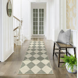 Covaba modern geometric checkered runner rug in fern green, styled in a room setting, view 4