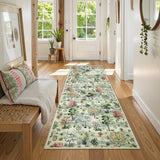 Covaba forest woodland runner rug in sage mist, styled in a room setting