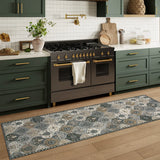 Covaba ultra-thin vintage floral moroccan trellis runner rug in pearl grey, styled in a room setting, view 2