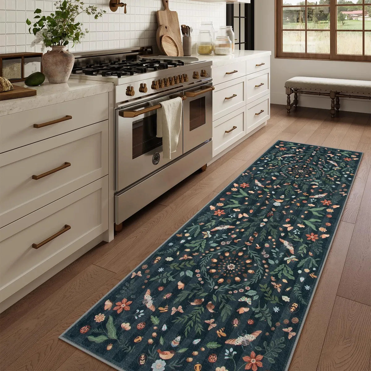 Covaba boho insect botanical floral runner rug in ink black, styled in a room setting
