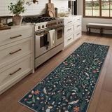 Covaba boho insect botanical floral runner rug in ink black, styled in a room setting