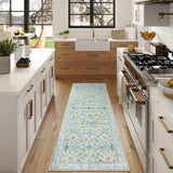 Covaba boho modern parisian garden floral runner rug in stormy blue, styled in a room setting, view 3