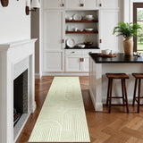 Covaba abstract rainbow stripe green/white runner rug in fern green, styled in a room setting