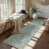 Covaba modern parisian insect runner rug in sage mist, styled in a room setting