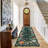 Covaba boho modern parisian floral scalloped runner rug in forest fern, styled in a room setting, view 5