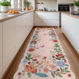 Covaba boho modern parisian floral scalloped runner rug in soft blush, styled in a room setting