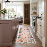 Covaba boho modern parisian floral scalloped runner rug in soft blush, styled in a room setting, view 2