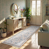 Covaba vintage floral bird runner rug in fern green, styled in a room setting, view 6