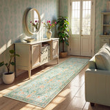 Covaba vintage floral bird runner rug in willow sage, styled in a room setting, view 5