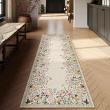 Covaba modern blooming floral garden runner rug in warm beige, styled in a room setting, view 4