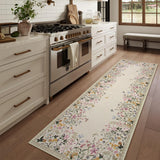 Covaba modern blooming floral garden runner rug in warm beige, styled in a room setting, view 3