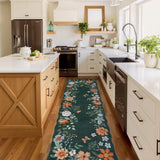 Covaba boho modern parisian floral scalloped runner rug in forest fern, styled in a room setting, view 6