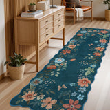 Covaba boho modern parisian floral scalloped runner rug in deep navy, styled in a room setting, view 6