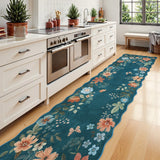 Covaba boho modern parisian floral scalloped runner rug in deep navy, styled in a room setting, view 5