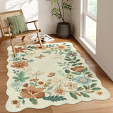 Covaba boho modern parisian floral scalloped area rug in warm beige, styled in a room setting, view 11