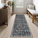 Covaba ultra-thin vintage floral moroccan trellis runner rug in ink black, styled in a room setting, view 13