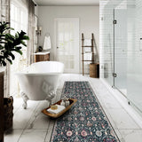 Covaba ultra-thin vintage floral moroccan trellis runner rug in ink black, styled in a room setting, view 14