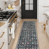 Covaba ultra-thin vintage floral moroccan trellis runner rug in ink black, styled in a room setting, view 15
